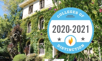 colleges of distinction 2020-21 icon layered over a photo of Guzman Hall