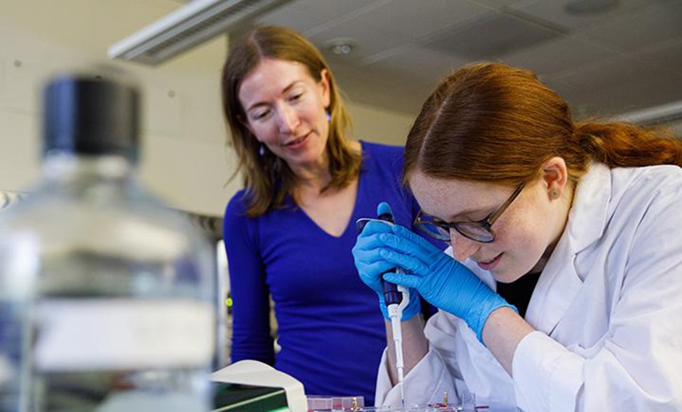 MS in Biological Sciences Program Director and Associate Professor Meredith Protas PhD in the lab with a student.