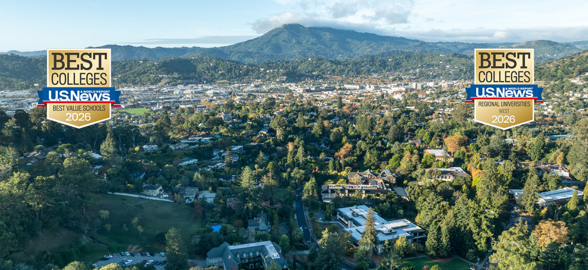 Overview shot of Dominican campus ith view of Mount Tam. 2 U.S. News and World Report badges.