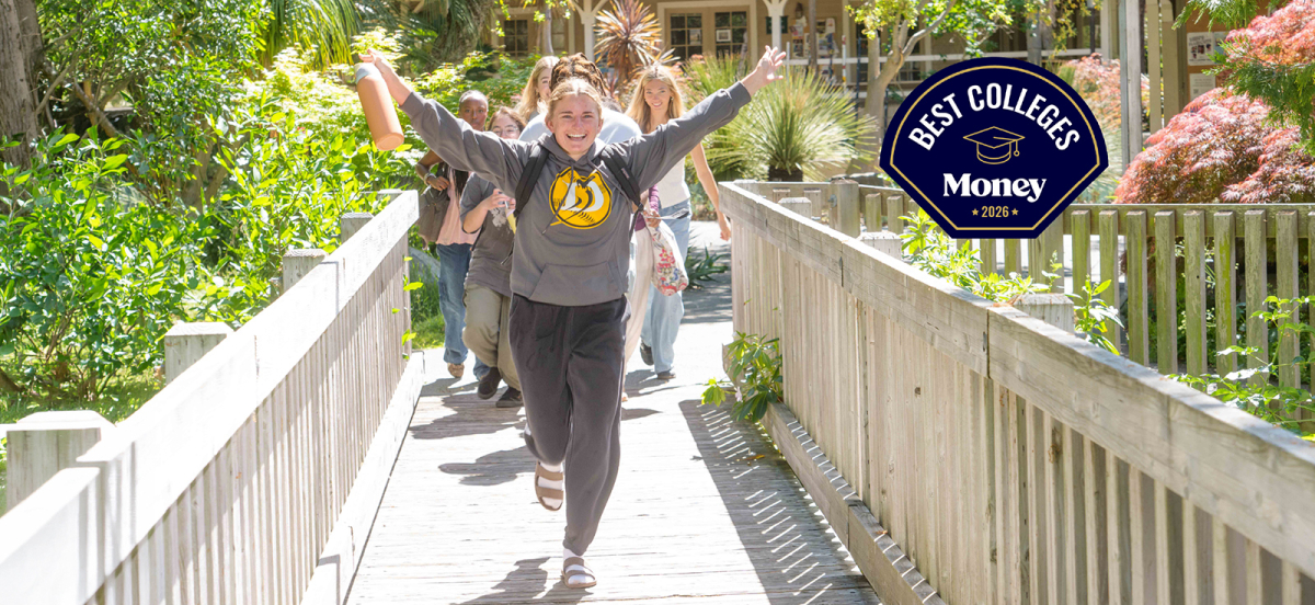 students walking down wooden bridge on Dominican San Rafael campus