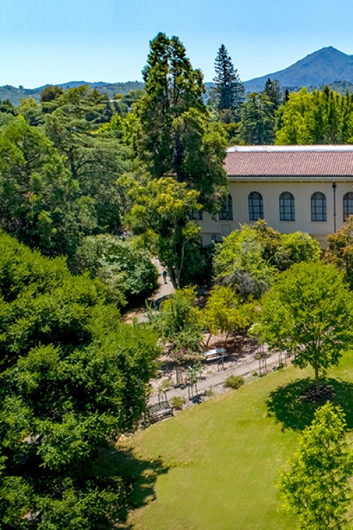 Overhead shot of Angelico Hall with Mount Tam in the background