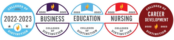Dominican University of California's Colleges of Distinction badges for the year 2022-2023 in business, education, nursing, and career development