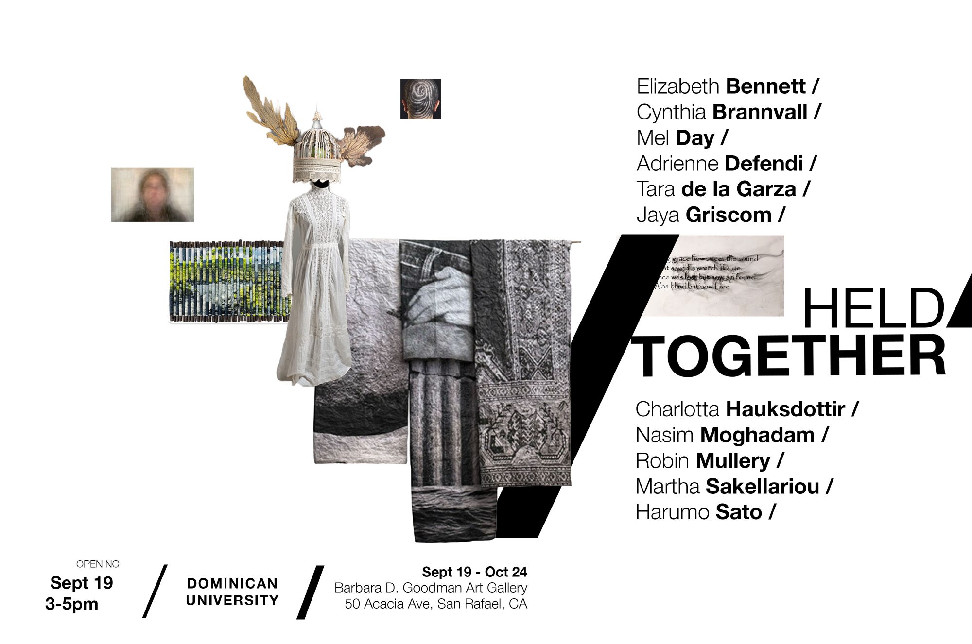 Promotional poster for "Held Together" art event at Dominican University featuring a collage of artworks and event details including date, time, and location.
