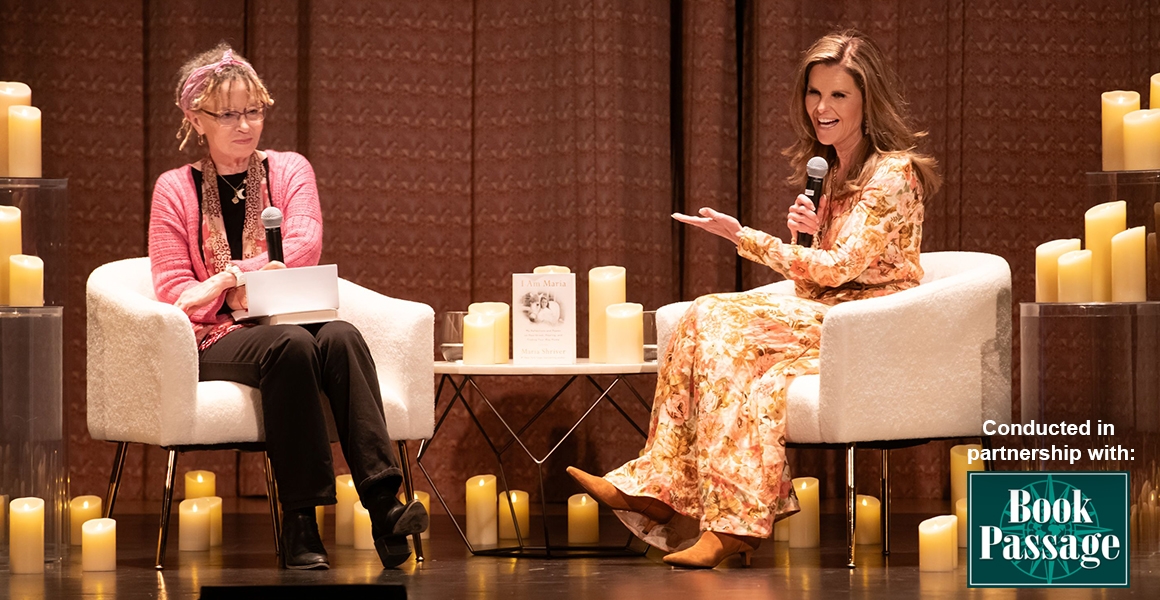 Maria Shriver and Anne Lamont on a stage giving a lecture. Book Passage logo indicating a partnership with Institute for Leaderships Studies. 