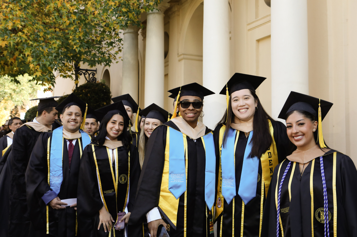 graduate students lining up for commencement 
