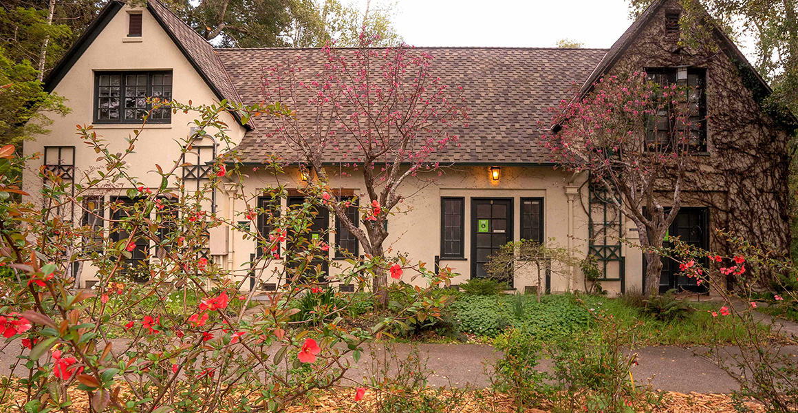 Anne Hathaway building on the Dominican campus, home to the OLLI program office in the spring. surrounded by flowering shrubs with pink blooms and a few small trees with budding pink flowers.