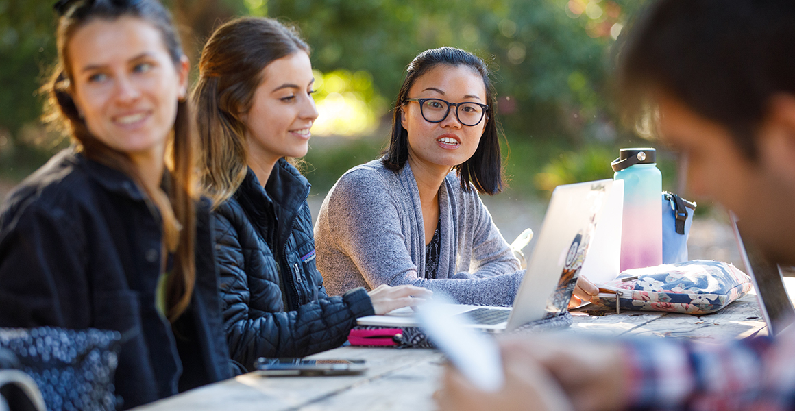 students studying at picnic table
