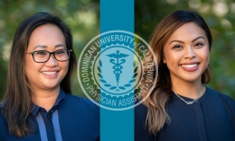 Alumni Phyllis Sumibcay '18 and Jenniffer Andres '12 with logo of MSPAS program