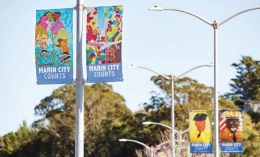 image of street light banners created by art students for Marin City Counts Census 2020 campaign