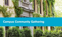 image of main entrance to Guzman Hall to promote virtual campus community gathering