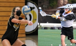 Action photos of Catherine Johnson (playing volleyball) and Maxwell Pierce (playing lacrosse) for HP news story about sports psychology class