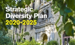 image created for strategic diversity plan 2020-2025 featuring graphic over photo of green ivy and main entrance to Guzman Hall