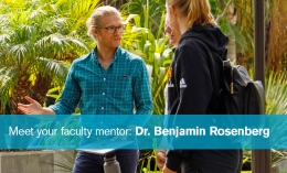 Photo of Ben Rosenberg in an animated discussion with psychology students on the Dominican campus