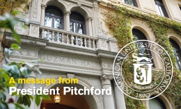 Photo of Guzman Hall adorned with ivy walls from Acacia Avenue with graphic indicating a message from President Pitchford and the Dominican University circular seal