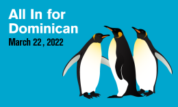 Blue graphic of three penguins standing with text to promote All In Day for March 22, 2022