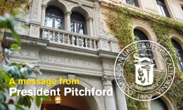 Graphic with text `A Message From President Pitchford' and Dominican seal over photo of Guzman Hall