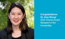 Image featuring Dr. Amy Wong photo on right paired with blue graphic with congratulatory text