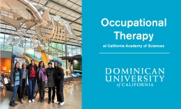 Photo of Occupational Therapy five graduate students and OT professor standing and posing underneath a dinosaur skeleton at the California Academy of Sciences museum
