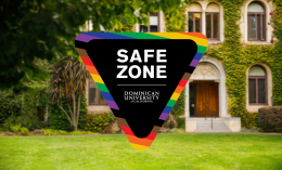 "Safe Zone" logo superimposed over photo of green ivy adorning the outside walls of Guzman Hall