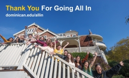 Group of Dominican students standing on entrance stairs of Meadowlands Hall waving.