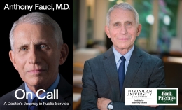 Anthony Fauci, M.D., and the cover of his book, On Call: A Doctor's Journey in Public Service