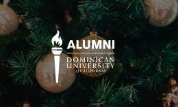 A graphic showing the Dominican University of California Alumni Office logo centered over an upclose photograph of a decorated Christmas tree.