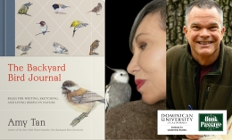 Amy Tan  headshot next to The Backyard Bird Journal book cover and John Muir Laws headshot. 