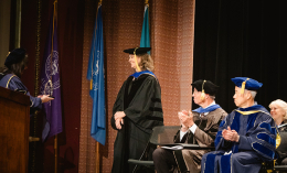 Dr. Jennifer Lucko from Dominican's Education Department accepting the Fink Faculty Award 2025