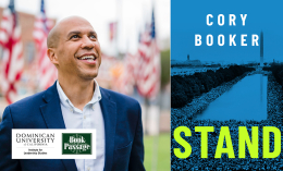 U.S. Senator Cory Book headshot next to book cover of Stand by Cory Booker