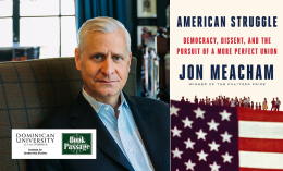 Graphic with photo of Jon Meacham next to the cover of his book, American Struggle.