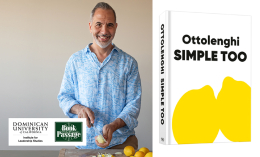 Yotam Ottolenghi headshot and book cover of Simple Too. Logo for Dominican University of California and Book Passage.