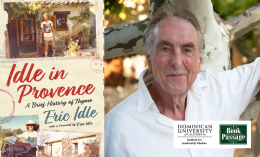 Eric Idle headshot, Idle in Provence book cover, Dominican University of California and Book Passage logos.