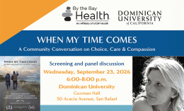 Promotional flyer for "When My Time Comes," featuring two figures walking down a path, with event details including date and venue.