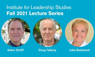 Photos of three authors appearing in 2021 ILS Fall Lecture Series set on blue backdrop