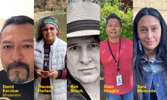 Image created for land acknowledgement story featuring headshots of the five panelists 