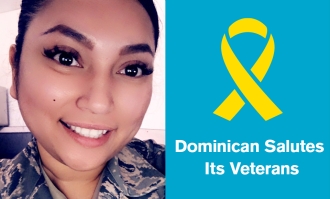 Image featuring head shot of Carmela Dizon on left and graphic with yellow ribbon on blue background saying `Dominican Salutes Its Veterans' on right 