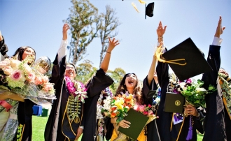 Line of six graduates throw hands and caps toward sky in celebrating Commencement 2022