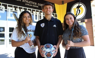 Photo of student-athletes (from left) Celeste Salas with softball bat over right shoulder, Nick van der Waart Van Gulik holding soccer ball, and Alissa Salazar with golf club over left shoulder posing side-by-side outside the Conlan Rec Center