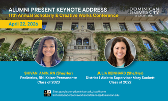 Promotional graphic for the 11th Annual Scholarly & Creative Works Conference at Dominican University of California on April 22, 2026, featuring portraits of Shivani Amin and Julia Reinhard.