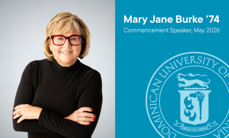 Mary Jane Burke headshot. Text reads: Mary Jane Burke '74, Commencement Speaker May 2026