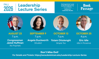 Graphic promoting the Fall 2026 Leadership Lecture Series at Dominican University of California, featuring speakers Congressman Jared Huffman, Angela Duckworth, Yotam Ottolenghi, and Eric Idle, along with their respective dates, times, and titles.