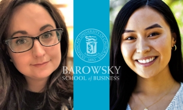 Image featuring head shots of MSBA cohorts Rachael Bogdanovich and Maia Torneros separated by Barowsky School of Business logo