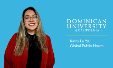 Image featuring photo of Kathy Le '20 standing in red blazer over blue background with text "Dominican University of California Kathy Le '20 Global Pubic Health