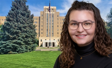 Head shot of Aimee Steinwand '18 superimposed over photo of University of Colorado Anshutz Medical Campus