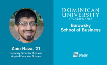 Head shot of ACS graduate Zain Raza on left side of two-toned blue graphic image with Barowsky School of Business text