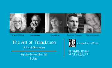 Black-and-white head shots of authors speaking in Art of Translation series at Dominican surrounded by blue border and text