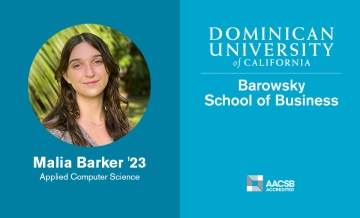 Headshot of ACS student Malia Barker '23 featured on left side of Homepage image with blue border and text