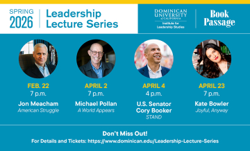 Graphic showing dates, times and speaker photos for the Institute for Leadership Spring 2026 lectures.