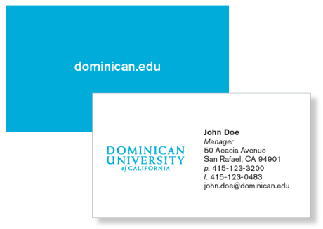 The back and the front of a sample Dominican University of California business card