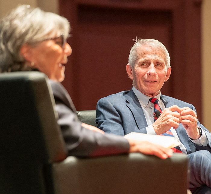 Dr. Anthony Fauci on stage at ILS Lecture Series event at Dominican University of Calif.